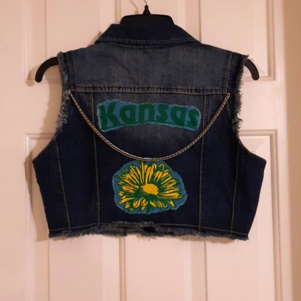 Kansas handsewn design by Nicole K  Sun Flower, and chain denim vest 🌻 patch